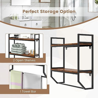 Giantex Wall Mounted Bathroom Shelves with Towel Bar, Industrial 2-Tier Over the Toilet Storage Organizer with Metal Frame, Wooden Wall Shelves, Floating Shelves for Bathroom, Kitchen, Living Room - color: Rustic Brown