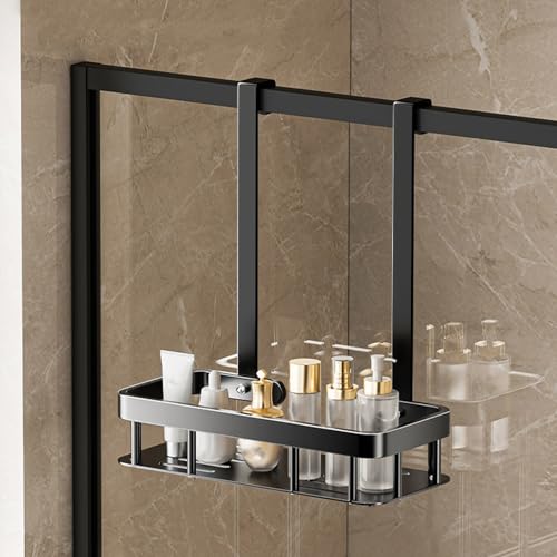No Drilling Hanging Shower Caddy Over Door Black Iron Shower Holder | Single Layer Wall Mounted Storage Rack Shelf Basket With Hooks Soap Tray Large Stainless Steel Shower Caddy 11.6x5.3x13"