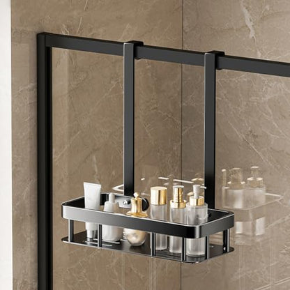 No Drilling Hanging Shower Caddy Over Door Black Iron Shower Holder | Single Layer Wall Mounted Storage Rack Shelf Basket With Hooks Soap Tray Large Stainless Steel Shower Caddy 11.6x5.3x13"