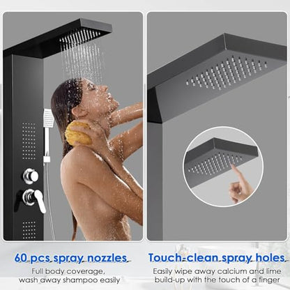 ROVOGO Shower Panel Tower System with 4 Shower Modes, 46.5", No Led Lights | Rainfall Shower Head, 2 Body Jets, Handheld and Tub Spout, Stainless Steel Shower Column with Brass Mixing Valve, Black - color: Black-no led