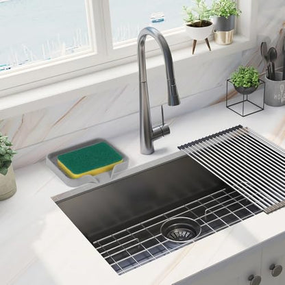 Silicone Soap Dish with Drain Holes, Quick-Dry Soap Holder for Kitchen & Bathroom Sink, Self Draining Kitchen Sponge Tray, Keeps Counter Dry, Easy Clean Soap Saver (Gray, 4.7" x 3.9")