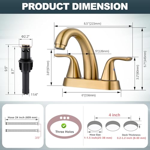 Brushed Gold Bathroom Sink Faucet, 4 Inch Centerset Bathroom Faucet | ALEASHA 2 Handles Vanity Faucet with Pop Up Drain Stopper, RV Lavatory Vanity Faucets with Aesthetic Appeal - color: Gold