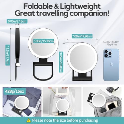 Magnifying Mirror with Light 30X, Double-Sided 1X/ 30X Magnifying Makeup Mirror with Tweezer, 2000mAh 3 Colour Modes with Adjustable Brightness,Foldable Compact Travel Mirror(Black) - color: Black