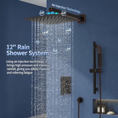 SR SUN RISE 12 Inch Square Shower System with Slide Bar,Oil Rubbed Bronze | Rain Head and Handle System,16" Adjustable Shower Slide Bar,Soild Brass,Wall Mount,Included Valve and Trim Kit - color: Oil Rubbed Bronze, size: 12 Inch