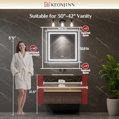Keonjinn 30 x 30 Inch Lighted Mirrors for Bathroom Wall, Bluetooth Speaker | Frontlit & Backlit LED Mirror for Bathroom, HD Tempered Glass, 3000K/4500K/6000K, Dimmable, Fast & Safe Defogging, CRI90+ - size: 30"L x 30"W