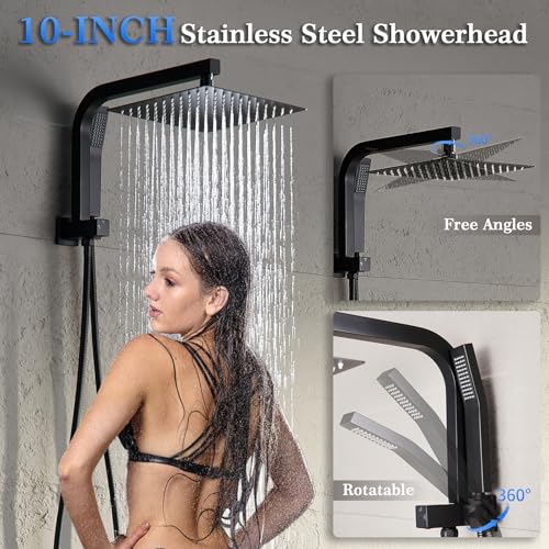 Black Shower Head and Handle Set, Shower Faucet Set with 10 Inch Rain Shower Heads with Handheld Spray Combo, Rainfall Bathroom Shower System Rain Shower Head and Handle Set - color: Matte Black