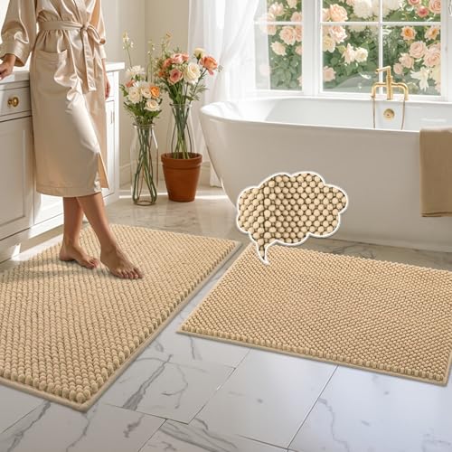 BSICPRO Bathroom Rugs Set 2 Piece, Thick Soft Multi-Color Chenille Absorbent Bath Mats, Non Slip Washable Bath Rugs, Shower Mat for Bathroom Decor (Oatmeal and Light Green, 24" x 36" Plus 20" x 32") - color: Oatmeal and Light Green, size: 24" x 36" Plus 2