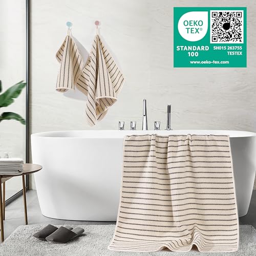 POLYTE 430 GSM Poly Blend Microfiber Quick Dry Waffle Bath Towel Set of 6 | 2-Body Towels, 2-Hand Towels, 2-Wash cloths, Oversize, Lint Free - color: Light Beige/Black
