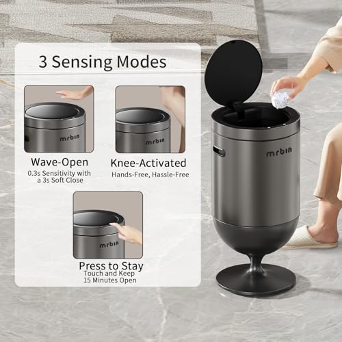 Mrbin Stainless Steel Motion Sensor Trash Can with Lid, 5.3 Gallon Wine Glass Shaped Automatic Waste Basket Touchless, Smart Round Tall Garbage with High Leg for Office, Bedroom, Kitchen, Eclipse Grey - color: Eclipse Grey, style: Wine Glass Style