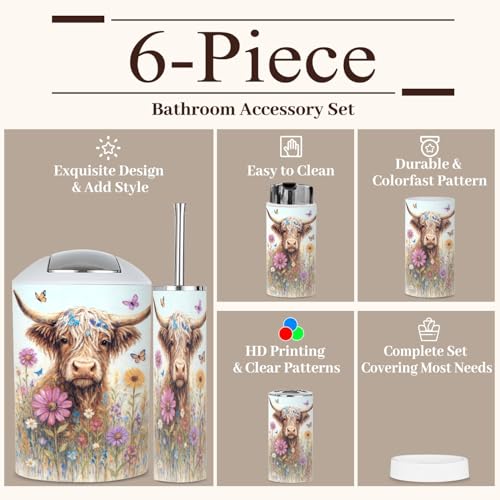 6 Piece Bathroom Accessories Set Highland Cow Rustic Farmhouse Animal Nature Flower Landscape Abstract Trash can Toilet Brush Holder Toothbrush Holder Toothbrush Cup Soap Dispenser Soap Dish Boho