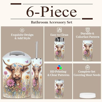 6 Piece Bathroom Accessories Set Highland Cow Rustic Farmhouse Animal Nature Flower Landscape Abstract Trash can Toilet Brush Holder Toothbrush Holder Toothbrush Cup Soap Dispenser Soap Dish Boho