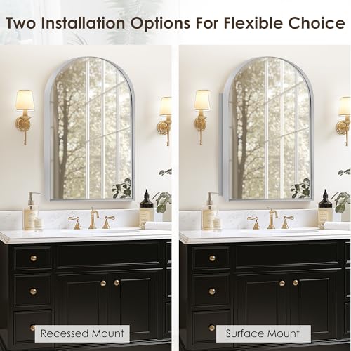 SogesHome 3-Tier Medicine Cabinet with Shelf, Home Storage Bathroom Wall-Mounted & Recessed Mirror Cabinet for Bathroom, Bedroom, (Arched,Silver) - color: Silver