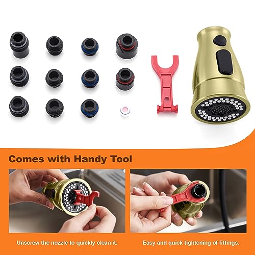 TIORIY Kitchen Faucet Head Replacement with 15 Adapters, 3 Modes Kitchen Faucet Sprayer Replacement Head, Pull Down Kitchen Faucet Spray Nozzle, Brushed Gold - color: Brushed Gold