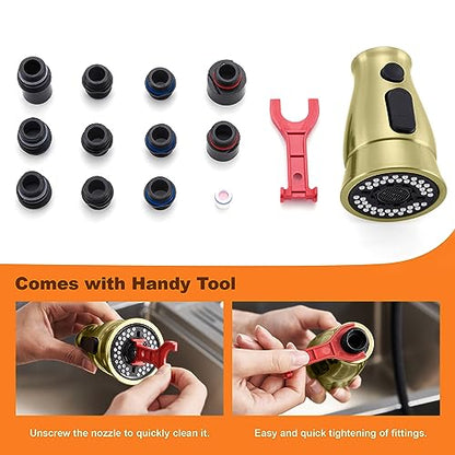 TIORIY Kitchen Faucet Head Replacement with 15 Adapters, 3 Modes Kitchen Faucet Sprayer Replacement Head, Pull Down Kitchen Faucet Spray Nozzle, Brushed Gold - color: Brushed Gold