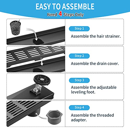 Linear Shower Drain 28 Inch, Professional Brushed SUS-304 Stainless Steel Shower Drain, 51L/Min Fast Drainage Floor Linear Drain, US Standard CUPC Certified, Matte Black, SD-109 - color: Matte Black, size: 28 Inch