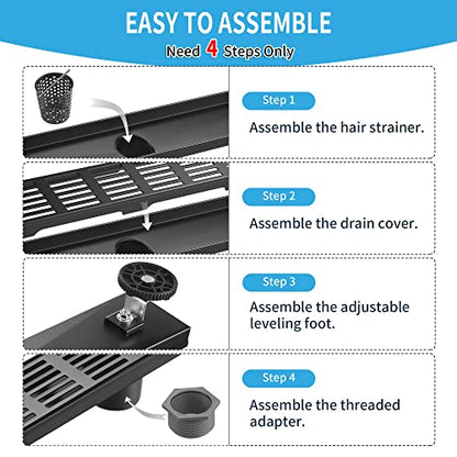 Linear Shower Drain 28 Inch, Professional Brushed SUS-304 Stainless Steel Shower Drain, 51L/Min Fast Drainage Floor Linear Drain, US Standard CUPC Certified, Matte Black, SD-109 - color: Matte Black, size: 28 Inch