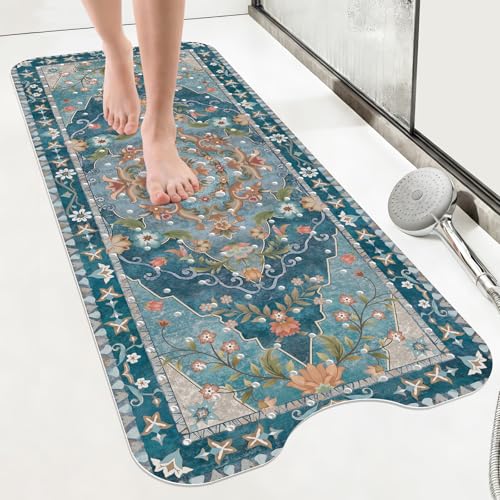 SHUCHING Blue Bath Mat for Tub Non Slip-40x16 Inch | Bathtub Mat for Women & Elderly Mold Free, Long Shower Mat for Inside Shower with Suction Cup, Machine Washable - color: Blue