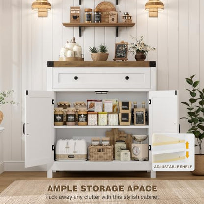 HOSTACK 31.5"W Kitchen Storage Cabinet, Farmhouse Coffee Bar Cabinet, White | Small Buffet Cabinet with Doors & Wide Drawer, Wood Sideboard Buffet, Entry Table w/ Adjustable Shelf for Dining Living Room - color: White
