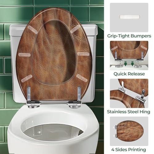 Elongated Resin Toilet Seat, Quietly Close Quick Release Hinges Cover | Toilet Lid Cover Easy to Clean and Install, Brown Veal Leather Crumpled Mottled Grunge Texture Heavy Duty Toilet Seat - color: pattern7, size: V-shape