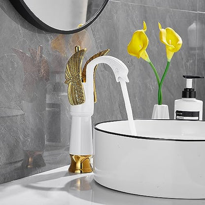 Swan Shape Single Handle 1Hole Bathroom Vessel Sink Faucet Deck Mount Lavatory Sink Faucet Gold Mixed White - color: White, size: Tall