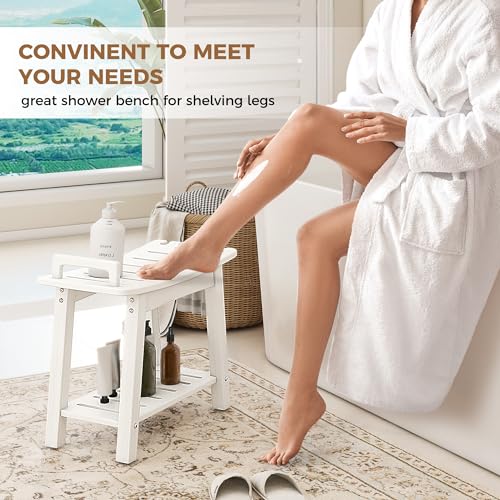 FLyjoe 24 INCH Extra Large Shower Bench for Inside Shower Shaving Legs, Waterproof HDPE Shower Chair Seat with Storage Shelf and Handles Spa Shower Stool for Bath Tub Bathroom Use, White - color: Large-white
