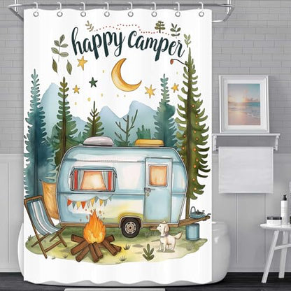 Happy Camper Small Stall RV Shower Curtain Rustic Tree Mountain Adventure Tent Camping Bathroom Curtains Travel Trailer Bathroom Accessories Set with Hooks 47 x 64 Inches - color: Blue, size: 47"W x 64"L (Pack of 1)