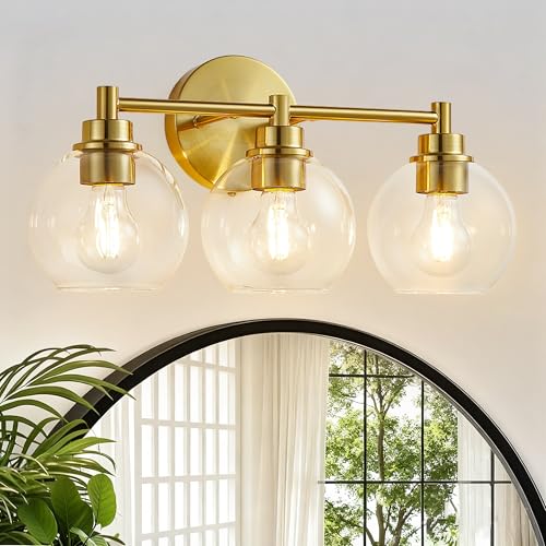Bathroom Light Fixtures, Vanity Lights for Bathroom 3-Light Gold, Bathroom Lighting Fixtures Over Mirror with Clear Glass Globe Shade, Bathroom Vanity Light for Living Room Kitchen Bedroom Hallway - color: Gold, size: 3-Light
