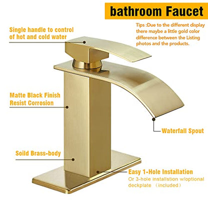 Waterfall Spout Bathroom Faucet, Single Handle Bathroom Sink Faucets, Rv Vessel Faucet Basin Mixer Tap with Deck Plate, cUPC Waterlines, Brushed Gold - color: Brushed Gold, style: Short - Without Pop Up Drain