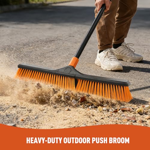 CLEANHOME Rubber Floor Squeegee for Concrete Floor, Tile Floor-24”Push Broom Brush for Floor Cleaning with 65” Long Handle and Stiff Bristles