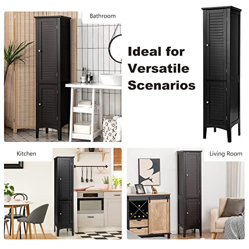 Tangkula Tall Bathroom Storage Cabinet, 5-Tier Wooden Freestanding Tower Cabinet, Narrow Storage Floor Cabinet w/ 2 Doors & Shelves for Bathroom Living Room Kitchen (Black)