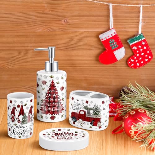 4 Pcs Christmas Ceramic Bathroom Accessories Gifts Xmas Bath Tumbler Xmas Tree Soap Dispenser Toothbrush Holder Soap Tray Merry Christmas Bathroom Decorations(Red and Black Plaid) - style: Red and Black Plaid