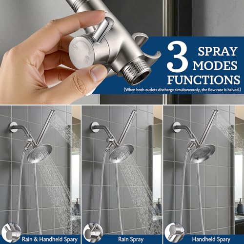 G-Promise Solid Metal Shower Head Diverter with Holder 3-Way | Spray Separately or Both, Adjustable-Angle Bracket, Anti-Leak, Smooth Knob Switch, Easy Install, Universal Replacement Part - color: Brushed Nickel
