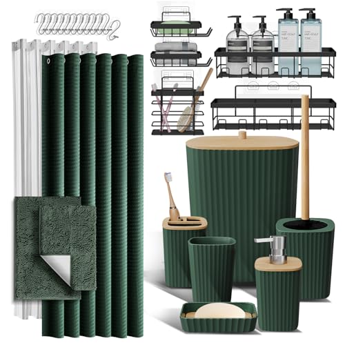 Clara Clark Bathroom Accessories Set - 27PC Bathroom Set with Adhesive Corner Shower Caddy Hanging, Bathroom Sets with Shower Curtain and Rugs, Hunter Green Shower Curtain Set with Bathroom Trash Can | 27 Piece Hunter Green Bathroom Sets with Shower Curta