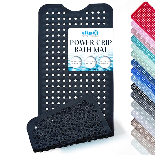SlipX Solutions 39"x16" Power Grip Non Slip Bathtub Shower Mat, Black | Stronger Wet Surface Protection, Soft Under Foot, 265+ Suction Cups, Large Drainage Holes - color: Solid Black