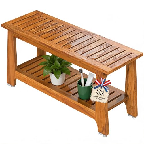 NNN 36" Commercial Heavy Duty Teak Shower Bench, Patented, Non-Slip Stable | with 8 Japan-Made Non-Slip Leveling Feet, Mortise-Tenon Legs 350lb, Pre-Oiled European Teak Oil, Marine-Grade Hardware - size: 36.2"W x 14" Dx 18"H