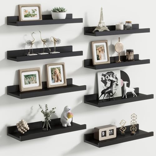 Floating Picture Ledge Shelves Set of 8, 16 Inch Solid Wood Wall Shelves with Lip, Large Nursery Book Shelf for Toys Storage, Kids Bookshelf, Living Room, Bedroom Decor Frames - color: Black, size: 16'', Set of 8