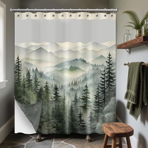 Forest See Through Mesh Top Shower Curtain with Window, 71x72in, 2 in 1 | Green Mountain Theme, Double Layer Snap on Liner with Magnets, Mens Bathroom Decor, with Hooks, Waterproof Polyester Fabric - color: Hooked, size: 71"W x 72"L (Pack of 1)