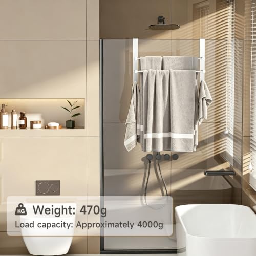 Frameless Glass Door Shower Towel Rack, Double Bar, 8 Hooks, Silver Steel | Drill-free Bathroom Towel Rack with Silent Scratch-free Pads, Ample Storage, Heavy Duty, Waterproof, Rustproof & Easy Setup