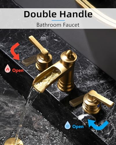 Fapully Brushed Gold Bathroom Sink Faucet, Waterfall Bathroom Faucets 3 Hole, 8 Inch Widespread Bathroom Faucet with Pop-up Drain, 2-Handle Faucet for Bathroom Sink Vanity RV - color: Brushed Gold