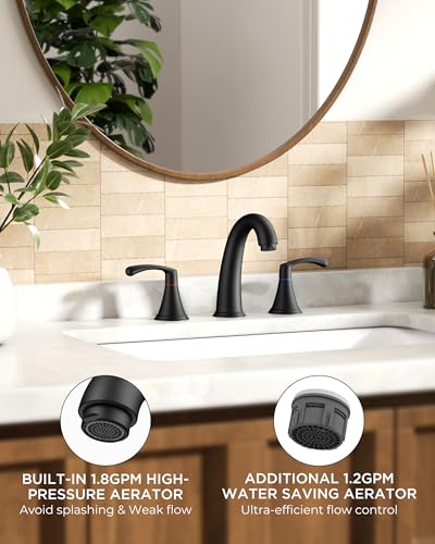 FORIOUS Bathroom Sink Faucet 3 Hole Widespread 8 Inch 2 Handle Matte Black | 3-hole 6-12 Inch Widespread Sink Faucets with Drain and Water Supply Lines, for Vanity Rv Commercial Lavatory Restroom Basin - color: Matte Black, style: Modern