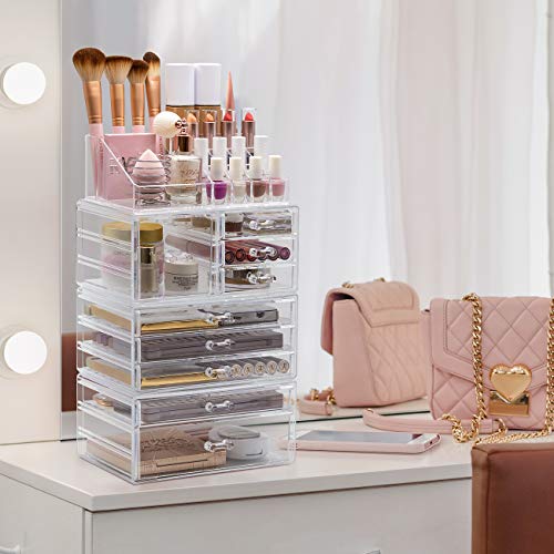 Sorbus Large Clear Makeup Organizer - Detachable 4-Piece Jewelry & Make Up Organizers and Storage Set - Spacious Cosmetic Display Tower - Makeup Organizer for Vanity, Bathroom, Dresser & Countertop - style: 4-Piece