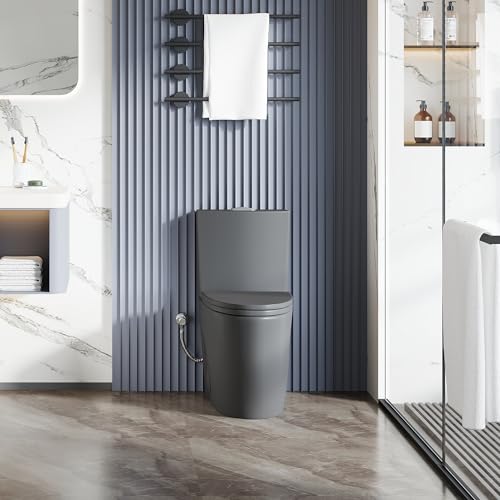 Elongated One Piece Toilet, ADA Dual Flush 1.1/1.6 GPF, Dark Gray | ADA 17" chair height, Powerful siphon dual flush, 12" rough-in, Bathroom toilet bowl, comfort soft closing seat, Gray toilets - color: Dark Gray