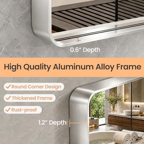 JISOSO Brushed Nickel Bathroom Mirror, 22x30 Inch Thick Silver Metal Rectangle Frame Wall Mirror, Modern Round Corner Bathroom Vanity Mirror for Over Sink, Bedroom, Living Room, Entryway | Silver Metal Frame, Anti-Rust, Shatter Proof, Hangs Horizontally o
