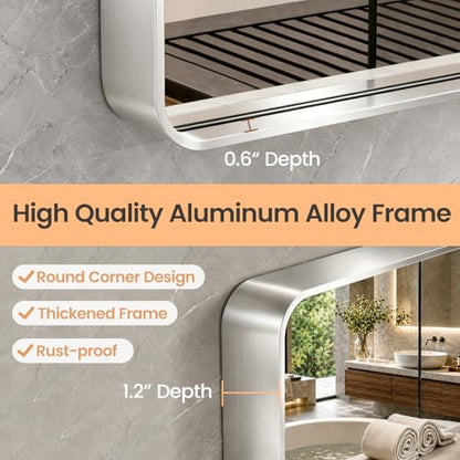 JISOSO Brushed Nickel Bathroom Mirror, 22x30 Inch Thick Silver Metal Rectangle Frame Wall Mirror, Modern Round Corner Bathroom Vanity Mirror for Over Sink, Bedroom, Living Room, Entryway | Silver Metal Frame, Anti-Rust, Shatter Proof, Hangs Horizontally o