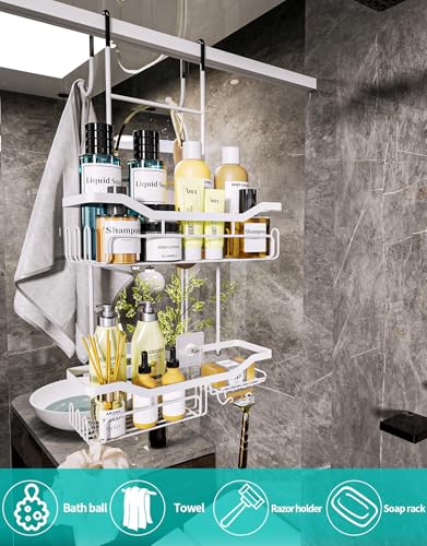 HapiRm Hanging Shower Caddy Over the Door with Soap Holder, No Drilling Adhesive Shower Organizer with 11 Hooks, Rustproof & Waterproof 304 Stainless Steel Bathroom Shelves - White - color: White-2