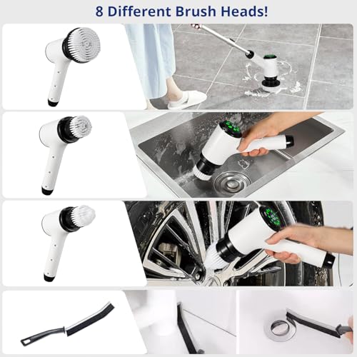 Electric Spin Scrubber, Cordless Power Cleaning Brush with 8 Replaceable Heads, 2 Adjustable Speeds, LED Display & Long Handle, Ideal for Bathroom Tub Tile Floor Car Cleaning