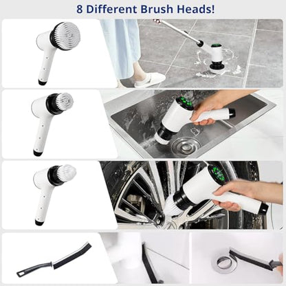 Electric Spin Scrubber, Cordless Power Cleaning Brush with 8 Replaceable Heads, 2 Adjustable Speeds, LED Display & Long Handle, Ideal for Bathroom Tub Tile Floor Car Cleaning