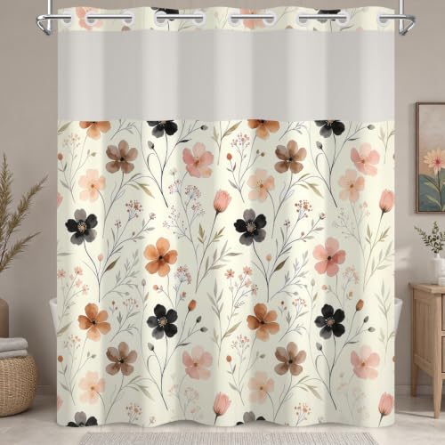 No Hook Boho Floral Shower Curtain with Snap in Liner, 71Wx74L | Double Layer Waterproof Fabric with Mesh Top, Rustic Flower Botanical Bath Curtain for Farmhouse Cottagecore Bathroom Decor - color: Colorful Flowers