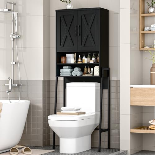 Vabches Metal Frame Over The Toilet Storage Cabinet, Black | Farmhouse Over Toilet Storage Cabinet with 2 Barn Doors, Home Space-Saving Toilet Rack for Bathroom, Toilet, Laundry Room - color: Black, style: Iron frame