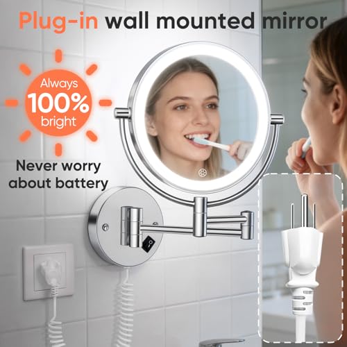 FUNTOUCH AC Plug in Powered 1X/30X Wall Mounted Makeup Mirror with Lights | Double Sided 1X/30X Magnifying,3 Color Lights,Touch Dimmable, Extended Arm 360 Rotation Lighted Bathroom Mirror Magnification - color: Chrome